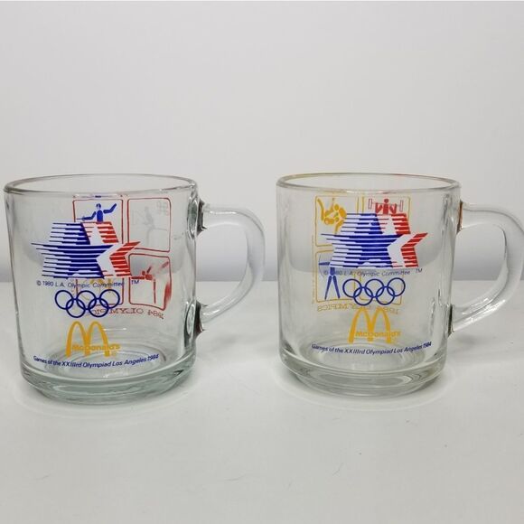 1984 McDonald’s LA‎ Olympics Clear Glass Coffee Cup Set of 2 Anchor Hocking 8oz - Picture 1 of 9